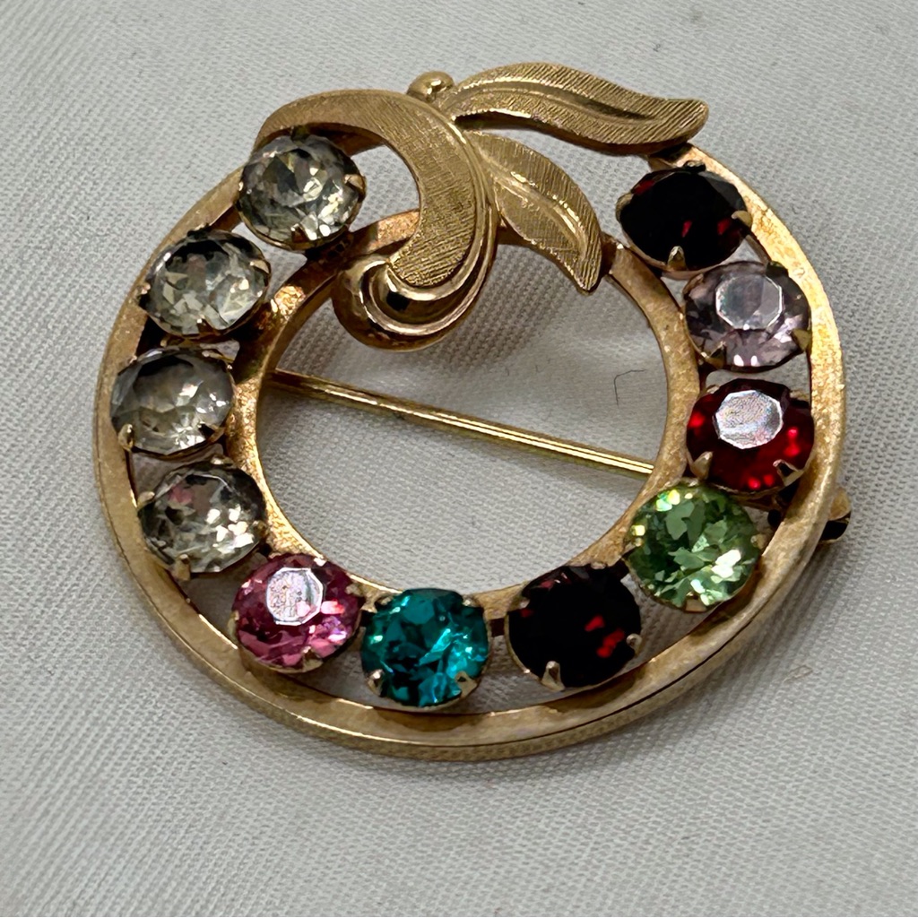 Vintage Van Dell 12k Gf Circle Brooch With Multicolored Crystals
